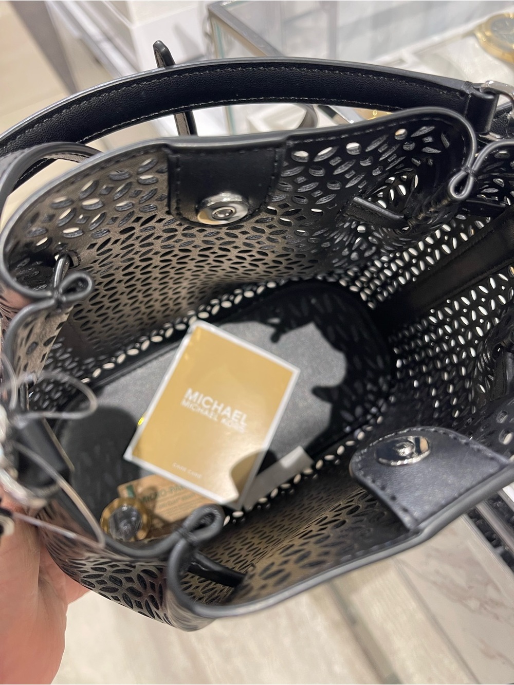 NWT MICHAEL KORS Carson Small Floral Laser-Cut Bucket Bag in Black - Picture 10 of 14